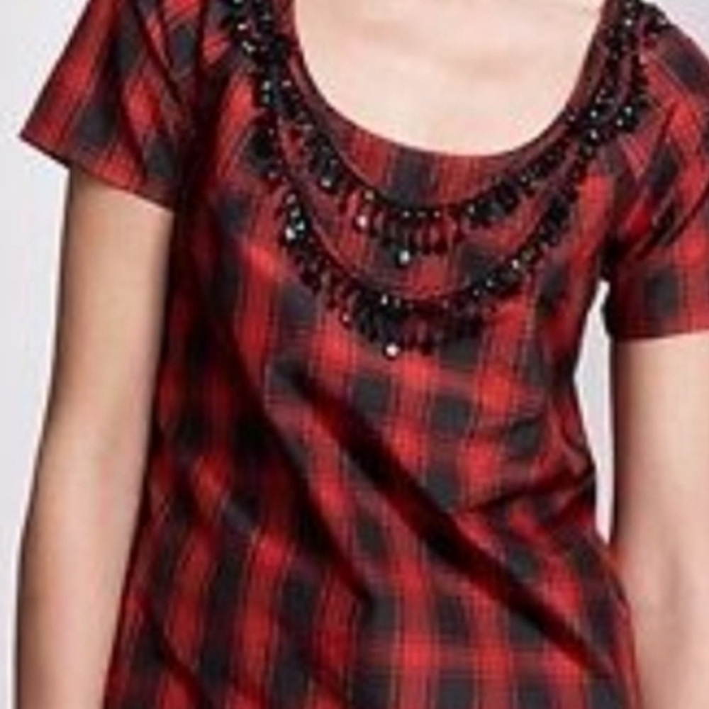 J. Crew Red and Black Silk Plaid Blouse